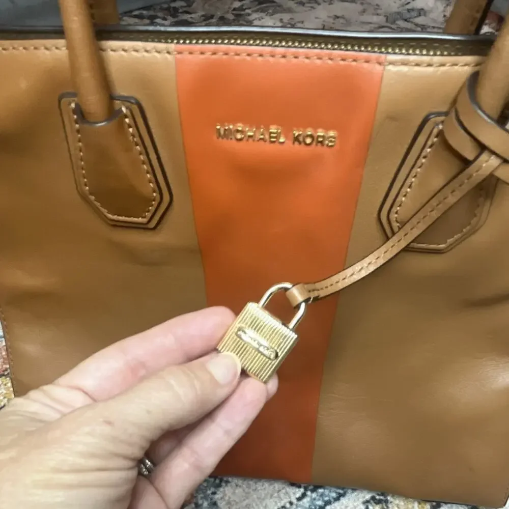 Michael Kors Mercer Colorblock Tote Wallet Set Tan Orange Center Stripe Leather